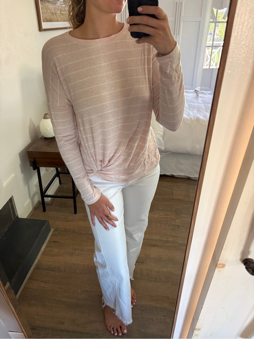 a new day Pale Pink Stripe Knot-Front Long Sleeve Top